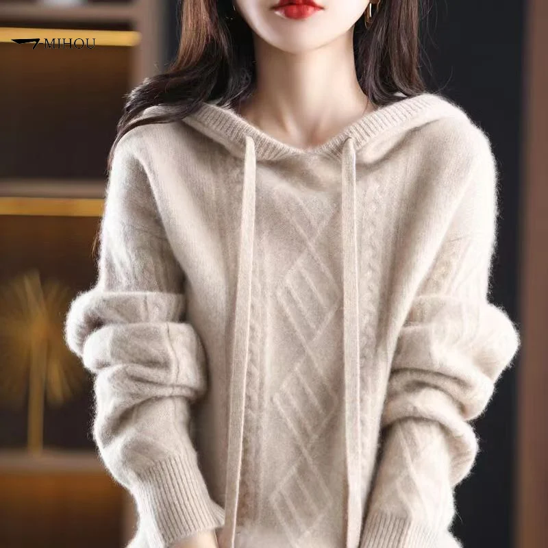 

Pullover autumn winter 2024 hooded knitwear fried dough twist sweater long sleeve women loose pullover knitting sweater