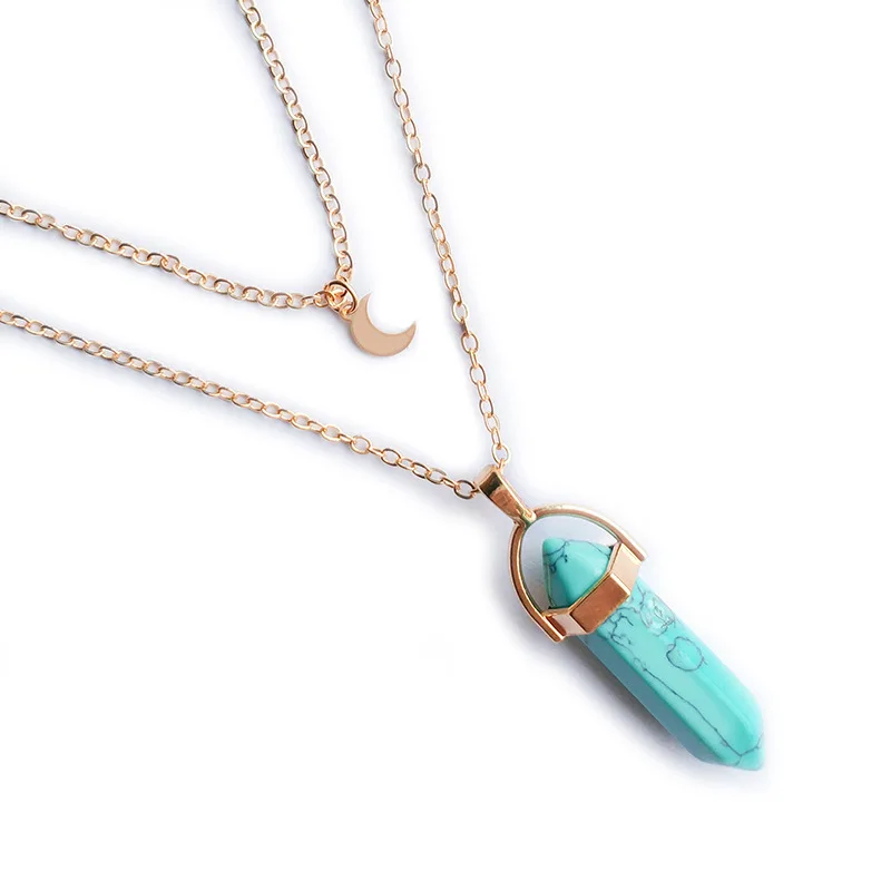 

Women Healing Chakra Turquoise Pointed Hexagonal Pendant Layered Crystal Moon Necklace Gold Metal Chain Choker Jewelry