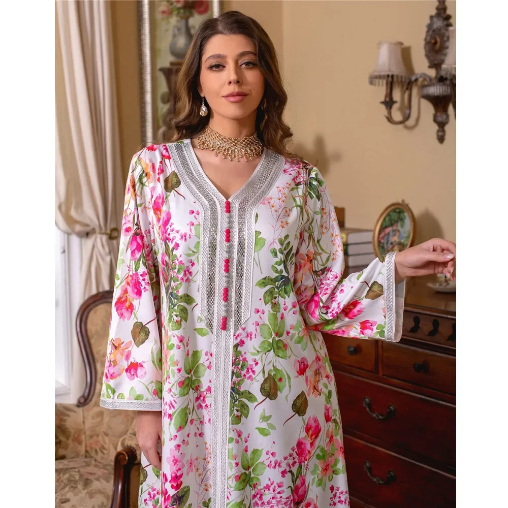 Марокканский цветочный принт мусульманская Абая женское платье макси Дубай