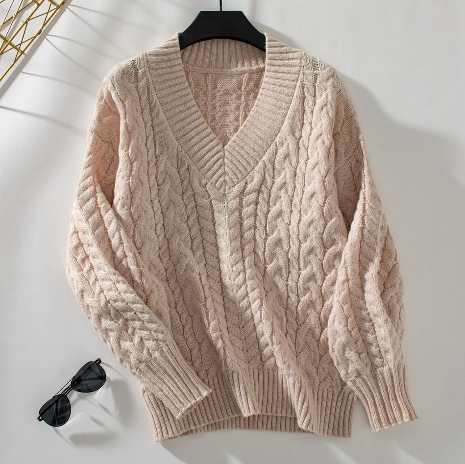 Винтажный женский вязаный свитер 2024 зимний с v-образным вырезом и жареным тестом