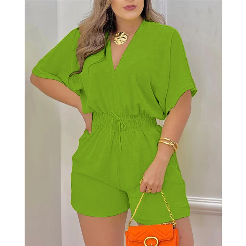 

Women Elegant Fashion Batwing Sleeve Shirred Waist V Neck Corset Romper Playsuit Women Casual Straight Shorts Overalls Onepieces