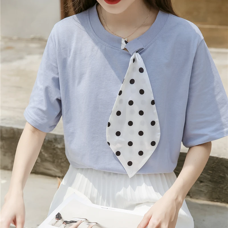 

Women Korean Fashion Polka Dot Patchwork T-shirts 2021 New Summer Casual Round Neck Short Sleeve Tshirt Female Tops Sweet Ins