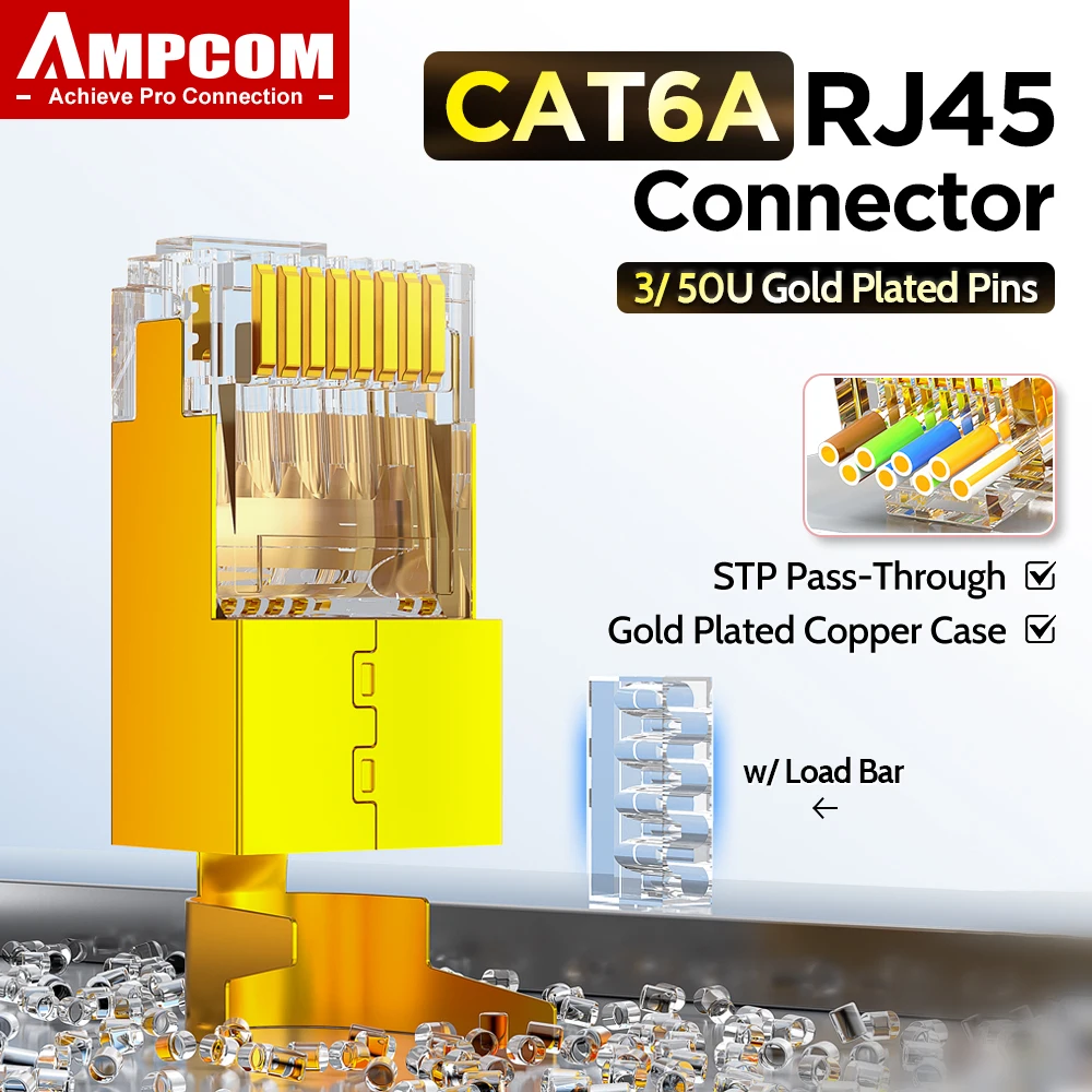 Фото AMPCOM Разъем RJ45 CAT6A проходной, экранированный, с нагрузочной планкой, 50/3U, позолоченный, с позолоченным медным корпусом, внешний диаметр 1,5 мм (22-26AWG), 6-50 шт. №1