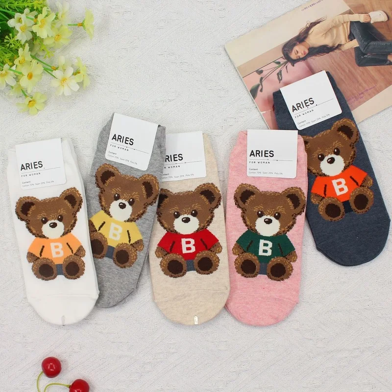 

Cartoon Woman Sock Teddy Bear for Women Socks Short Animal Cotton Sox Korean Soft Kawaii Hosiery Spring Summer Casual Ladies