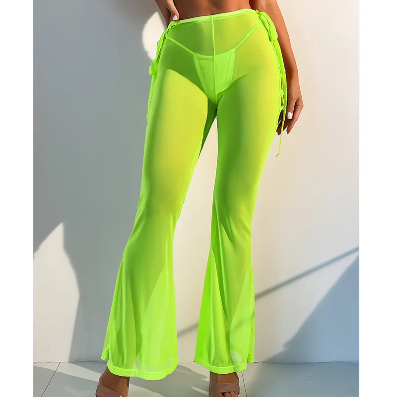 

Сексуальные женские брюки-накидка для бикини, летние прозрачные бандажные Прозрачные Пляжные расклешенные брюки с вырезом, пляжная одежда, купальный костюм