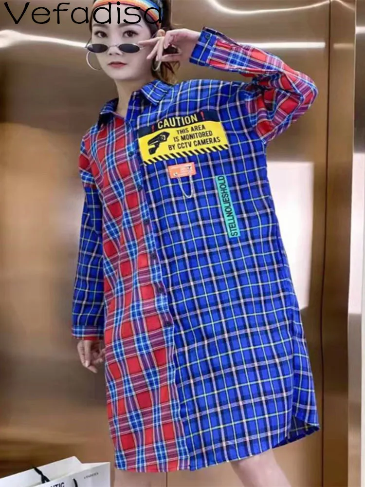 

Женское платье-рубашка с длинным рукавом, свободная рубашка средней длины с узором в клетку, украшенная молнией, весна-осень 2023, LHX1126