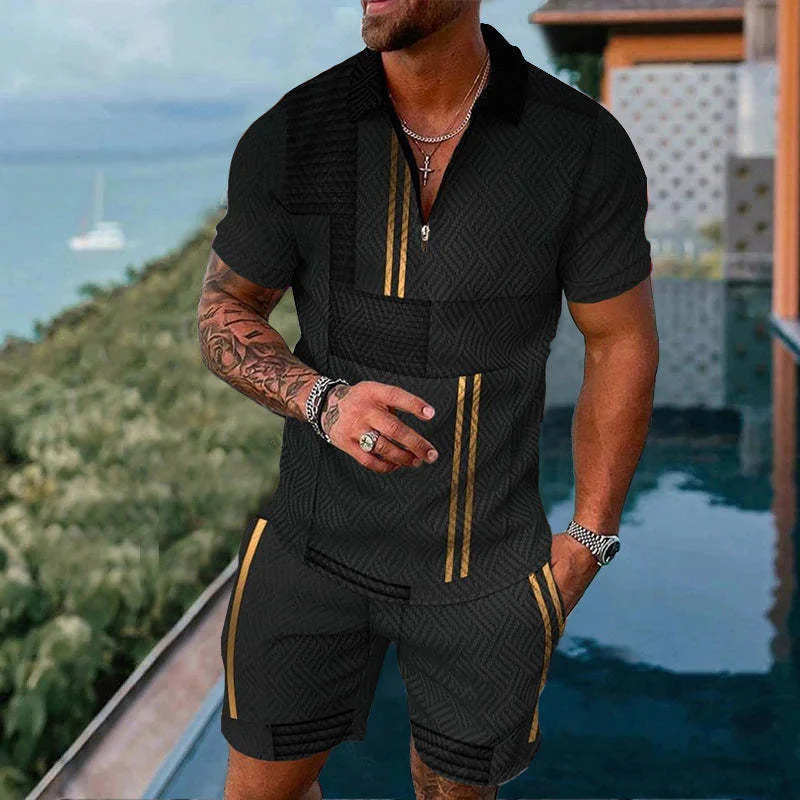 New Men's Casual Summer Short-sleeved Polo Shirt And Shorts Suit Two-piece Men's Clothing 3D Geometric Print Men's Clothing
