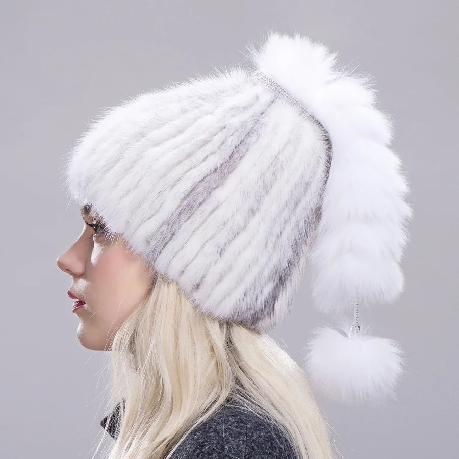 Mink Ball Russian High Caps Tail with quality Fashion Winter Brand Women Style Ladies Genuine Beanies Fur Hats Luxury  Fox