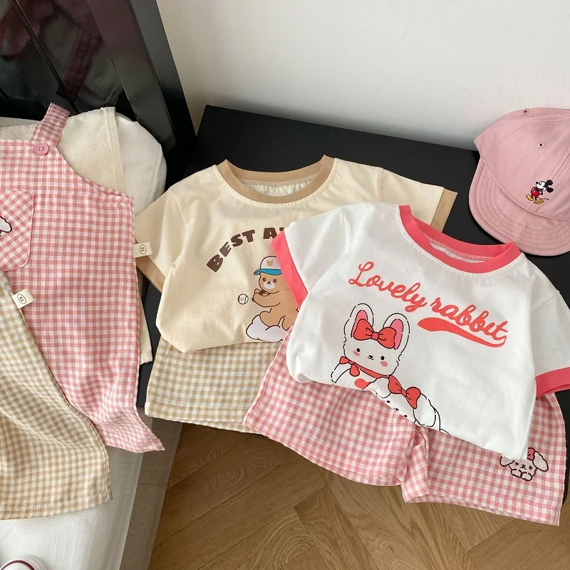 

Korea Children Girl Clothes Short Sleeve Cartoon T-shirt Tops Plaid Jumpsuit Overalls Elastic Waist Shorts Boys Summer Suit
