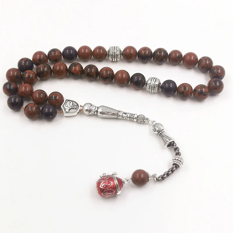 Фото Драгоценный камень Tasbih, натуральный обсидиан, 33 бусины, браслет, мусульманские молитвенные бусины с аксессуарами внутри, бирюзовый камень №2