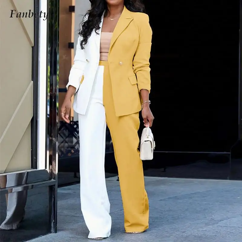 

Fashion Contrast Color Patchwork Blazer Suit Elegant Lapel Buttons Coats & Straight Pant Outfits Women Long Sleeve Loose 2Pc Set