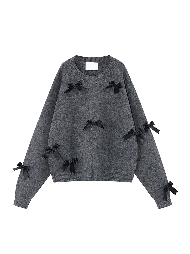 2022 Autumn Bow Tie Women Oversize Sweater O-Neck Kawaii Fashion Pullover Loose Jumper Long Sleeve Knitwear Casual Tops Female