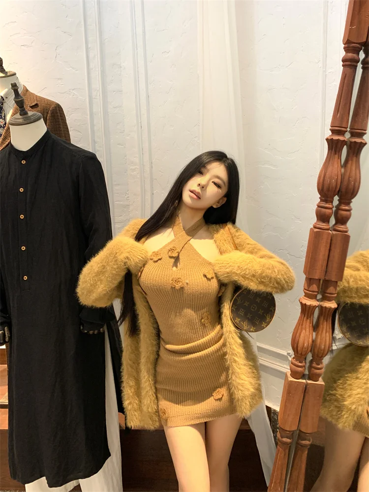 Женские мягкие вязаные комплекты из двух предметов во французском стиле