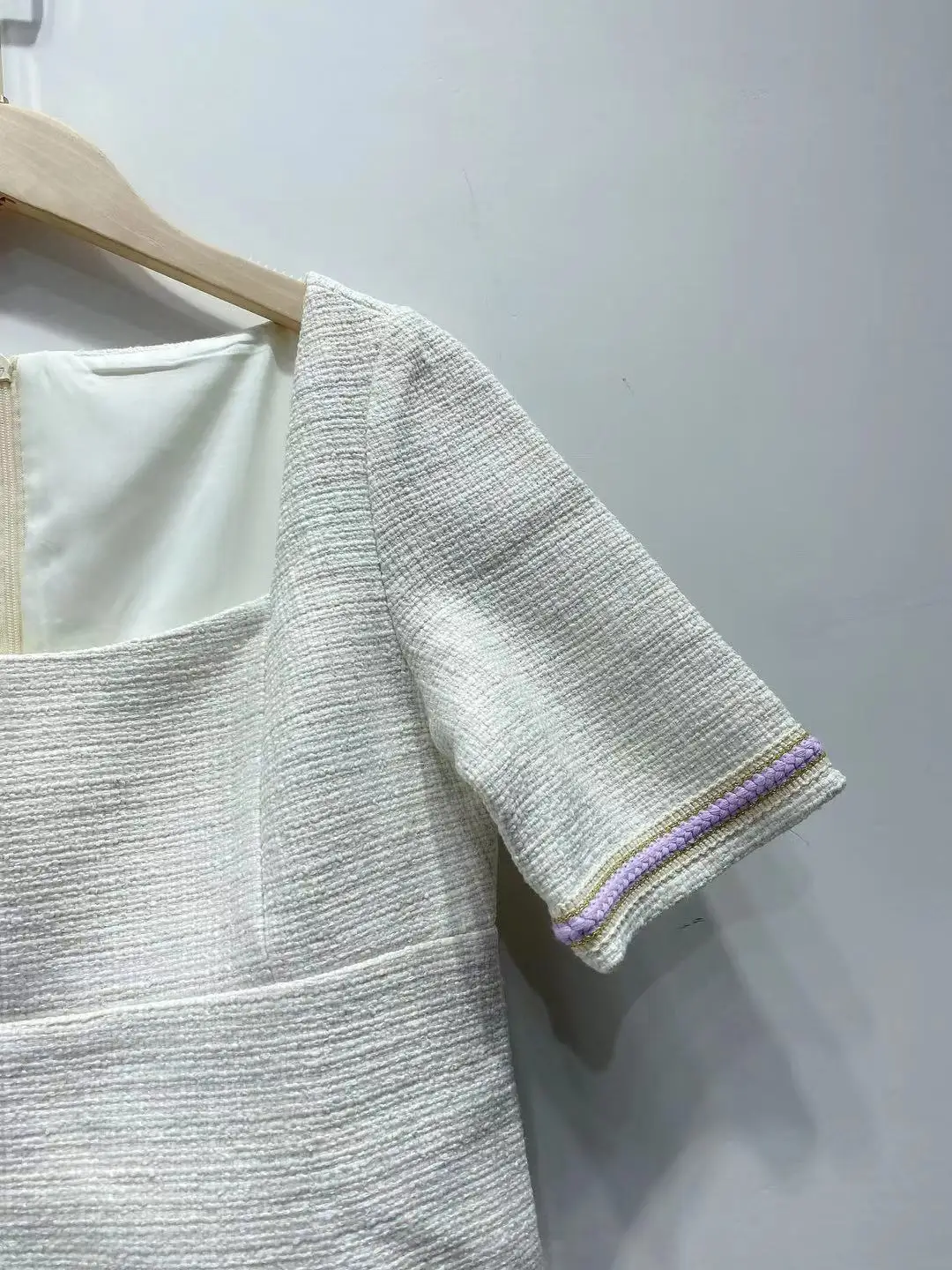 

Women Square Collar Striped Spliced Short Sleeve Zipper Solid Color Knitting Mini Dress