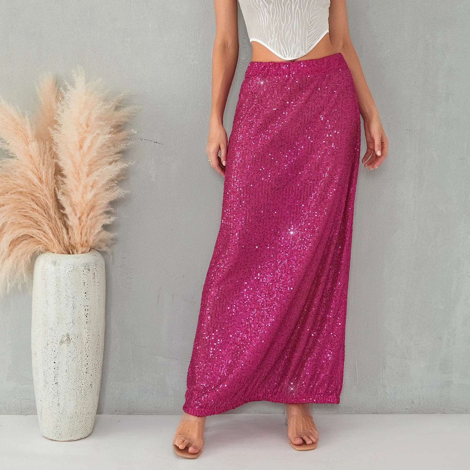 Женская юбка с блестками Элегантная черная трапециевидной формы высокой талией