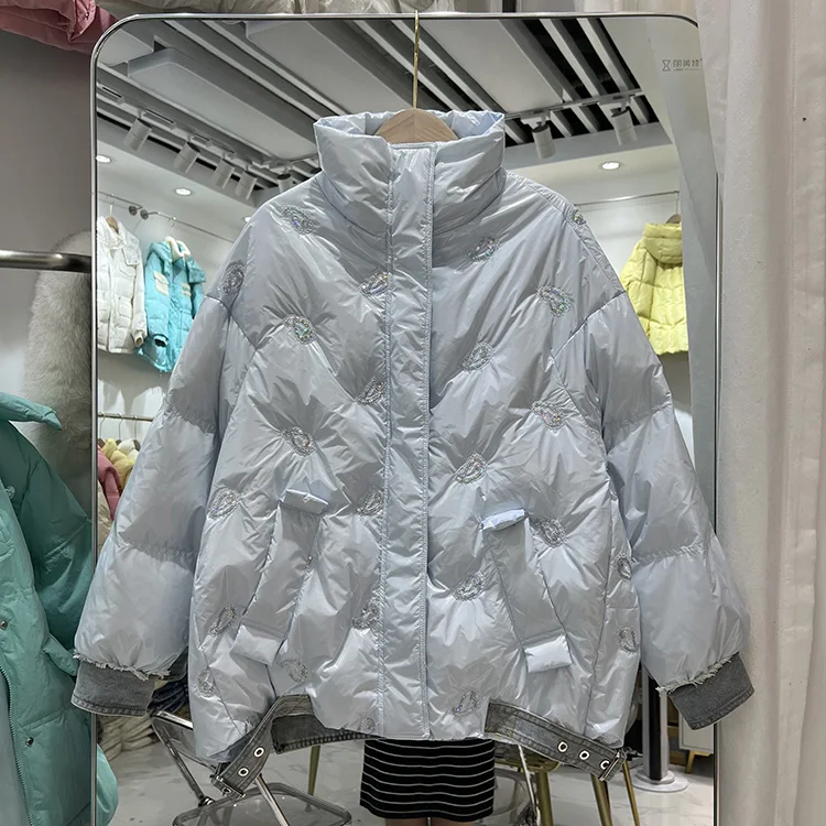 New Fashion Women's Down Jacket 2022 Winter Korean Stand Collar Denim Stitching Glossy Print Long Sleeve Coat F472