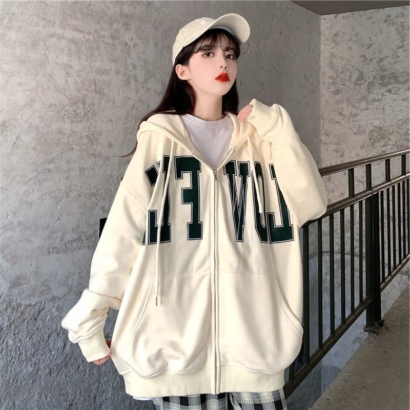 

Cotton thin letter Hooded Sweater Jacket Women's autumn and winter loose medium length jacket women's wear