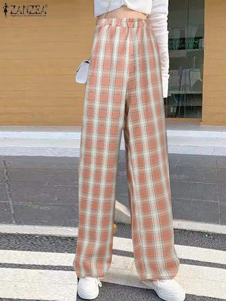 

ZANZEA 2023 New Korean Fashion Long Trouser Checked Streetwear Women High Waist Plaid Pants Casual Loose Pockets Female Pantalon