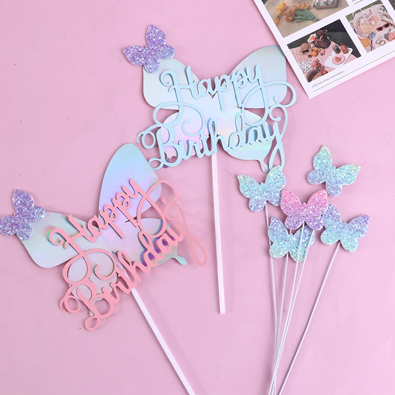 

Happy Birthday Sequin Butterfly Cake Topper For Birthday Party Cake Decoration