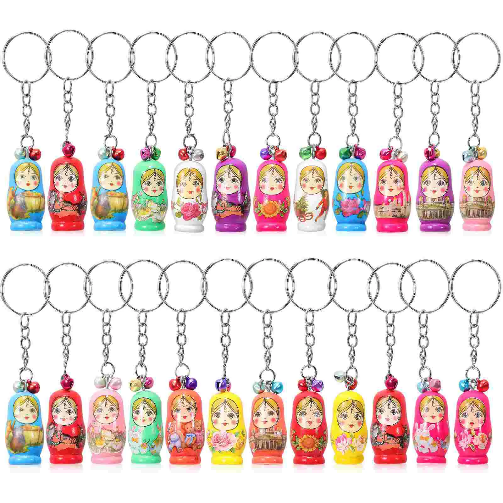 

24 Pcs Russian Nesting Dolls Keychains with Small Bells Stacking Toys Pendants Key Rings Creative Keychains Charm Decors