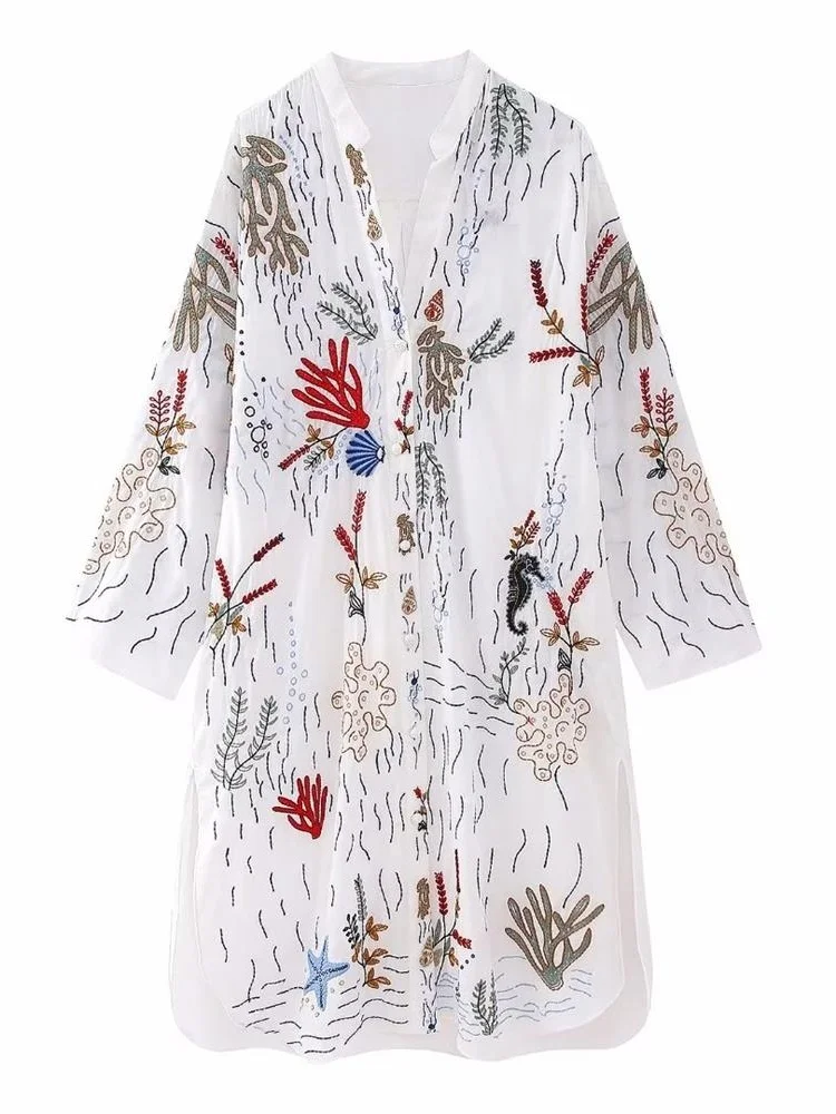 

MESTTRAF женское модное Y2K винтажное платье-рубашка средней длины с воротником-стойкой и цветочной вышивкой с разрезами по бокам женские шикарные платья