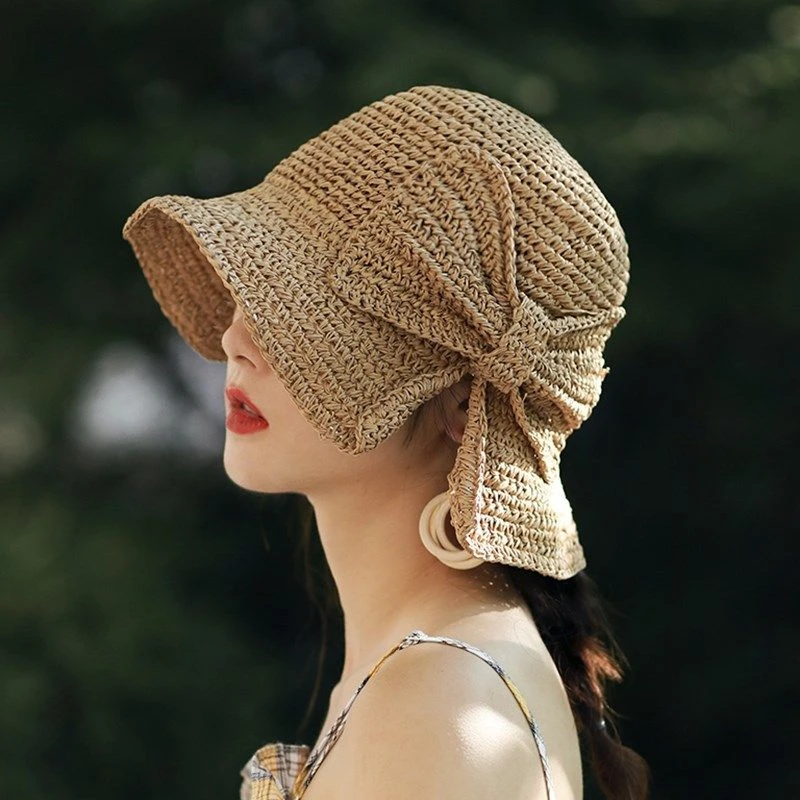 

100%Raffia Bow Sun Hat Wide Brim Floppy Summer Hats for Women Beach Panama Straw Dome Bucket Hat Femme Shade Hat