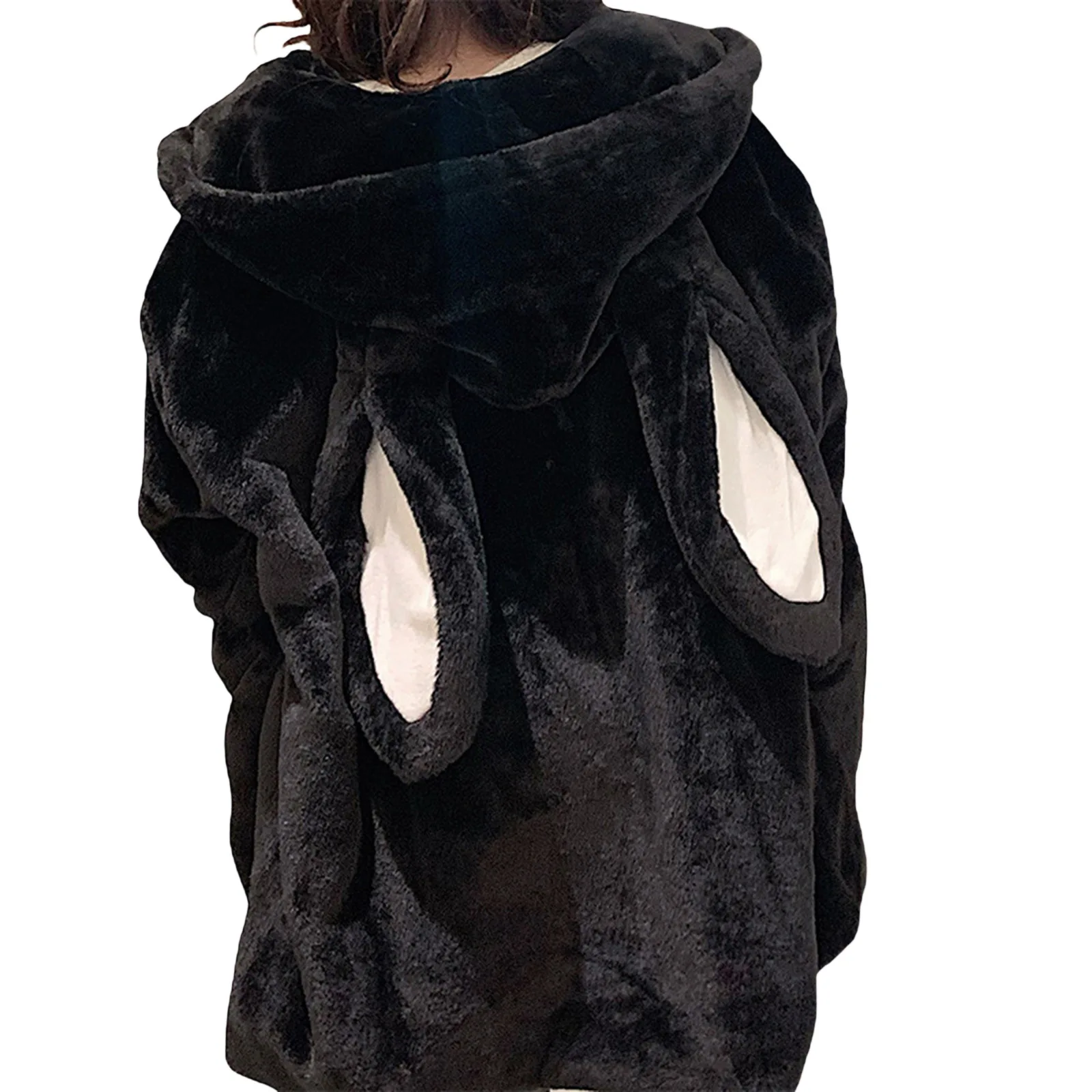 2022 Winter Kawaii Cute Girl Sweet Japan  Clothing Korean Style  Long Thick Wool Rabbit Ear Top Women's Loose Cashmere Coat