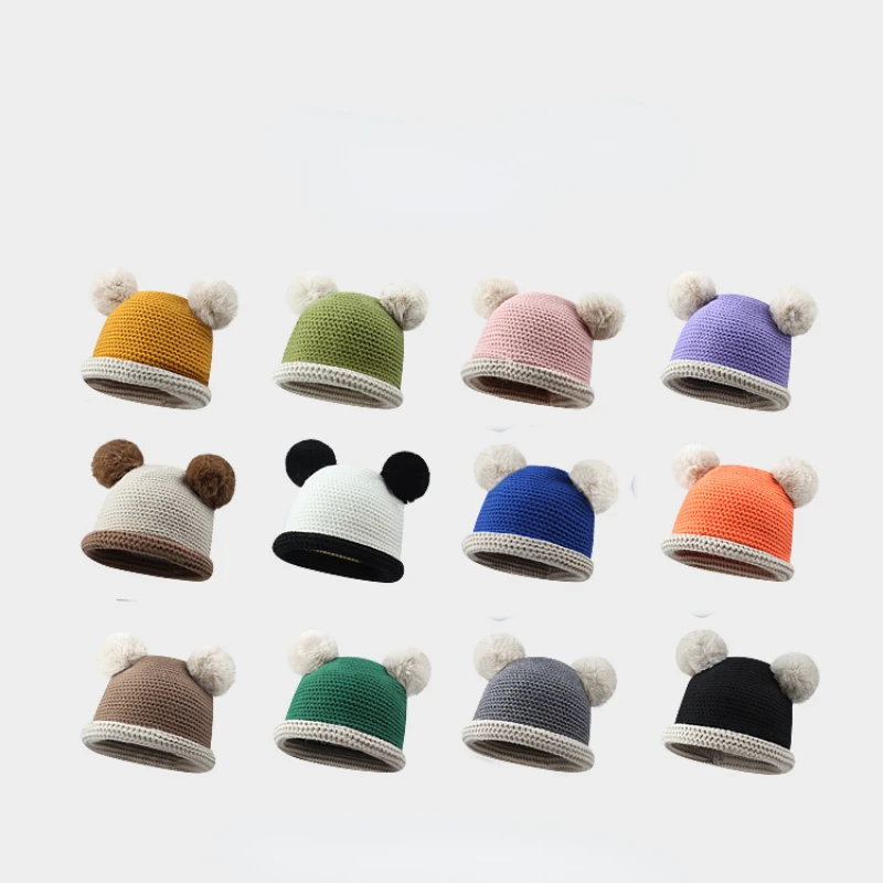 

New Japanese Sweet and Cute Bear Hair Ball Skull Gorras Women's Autumn Winter Hand-knitted Bonnet Hat Thickened Warm Beanie Cap