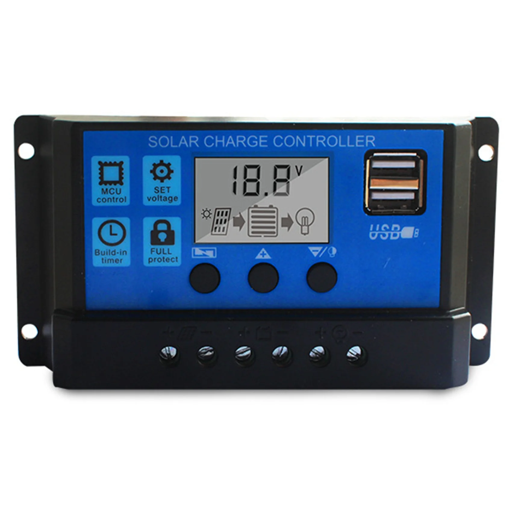 

30A Solar Charge Controller with 5V Dual USB Ports Display Adjustable Parameters LCD Display and Timer Set On/Off Time