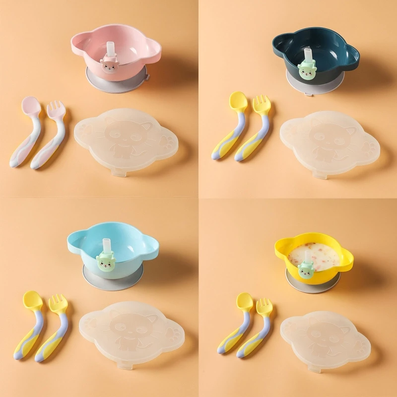 

Baby Dinner Plate Sucker Bowl with Straw Spoon Fork Set Anti Slip Suction Dishes Training Feeding Tableware for Toddler Infant
