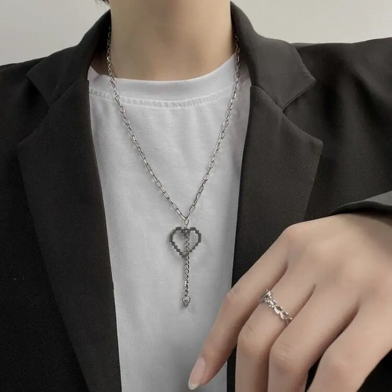 

U-Magical Sweet Punk Mosaic Stainless Steel Love Heart Pendant Necklace for Women Statement Hollow Metal Chain Necklace Jewelry