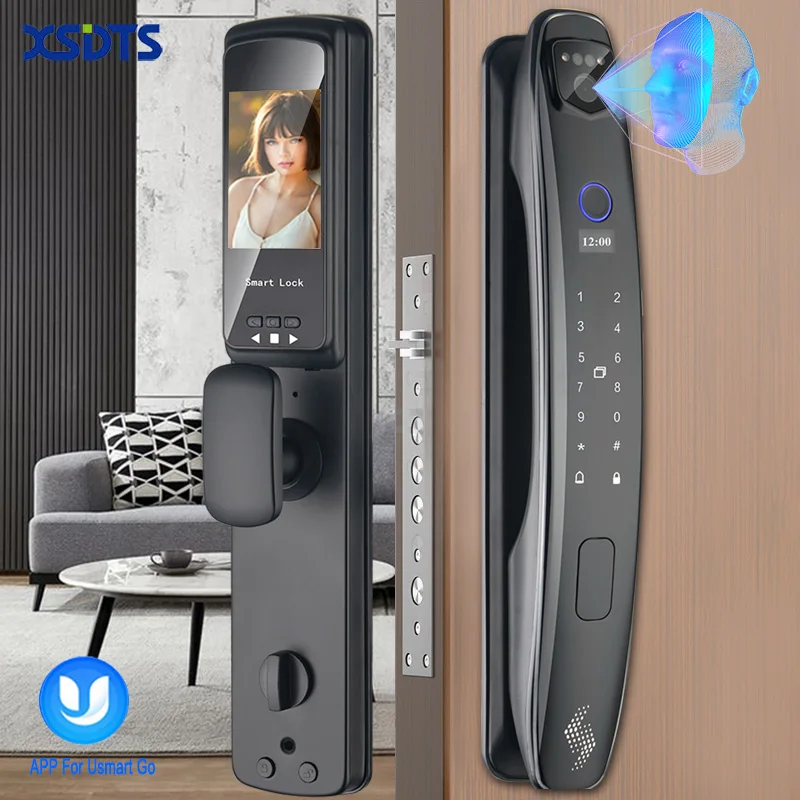 

Умный дверной замок с 3d-камерой, биометрический электронный замок со сканером отпечатков пальцев и паролем, с приложением IC и монитором, раз...