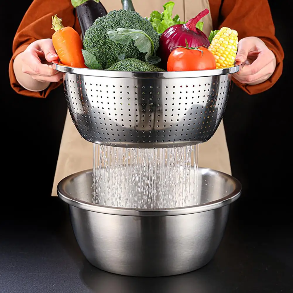 

Kitchen Drain Basin Set Household Stackable Deepened Large Capacity Round Stainless Steel Rice Bowl Accessories