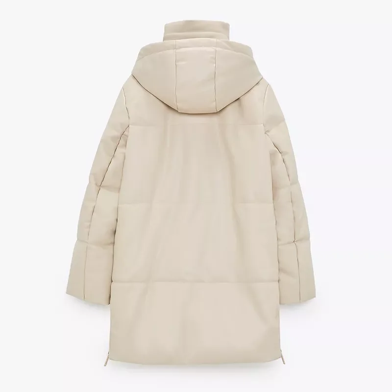 2022New Loose Hooded Parkas Women Fashion Beige PU Leather Coats Women Side Zipper Split Long Cotton Jackets Ladies
