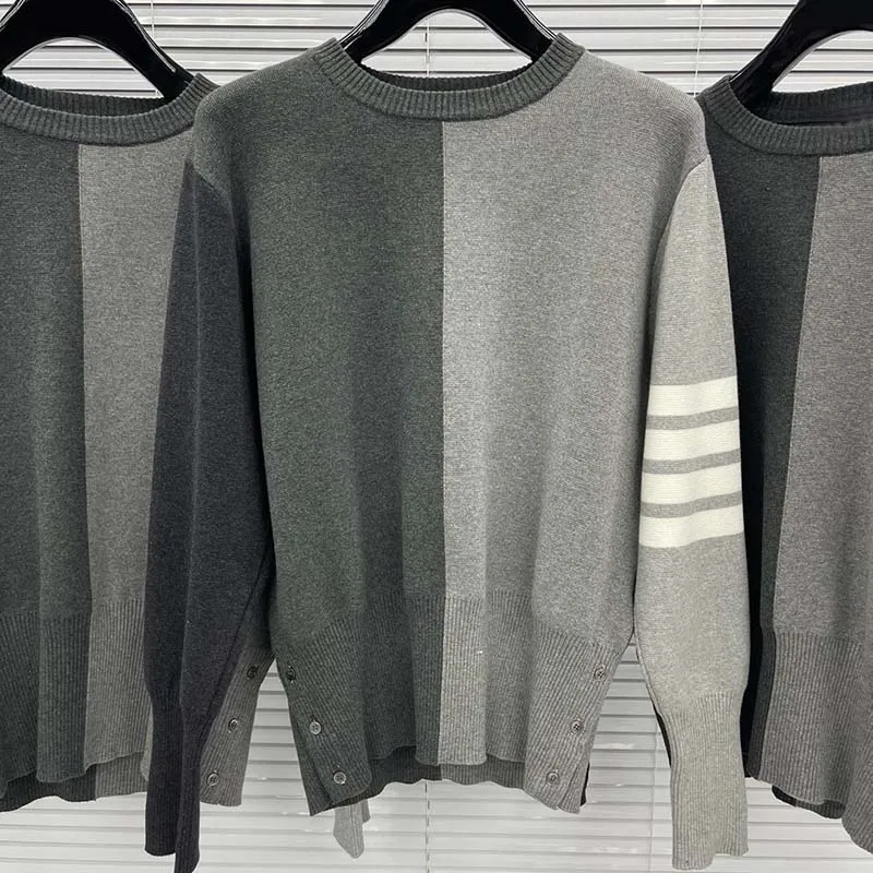TB THOM Men's Pullover Sweaters Grey Patchwork Sleeve White 4-Bar Striped Sweaters Fashion Korean Design Knitwear Casual Sweater