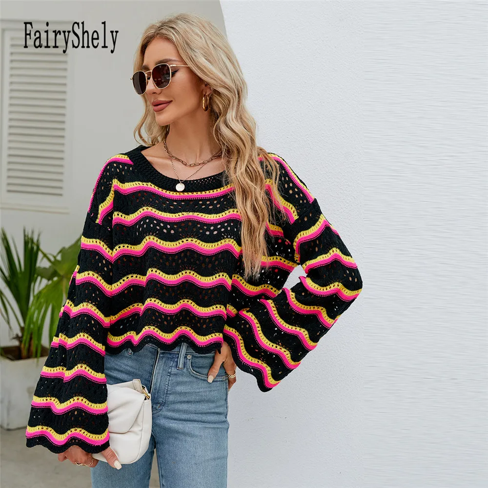 Женский трикотажный свитер в полоску укороченный пуловер с круглым вырезом и