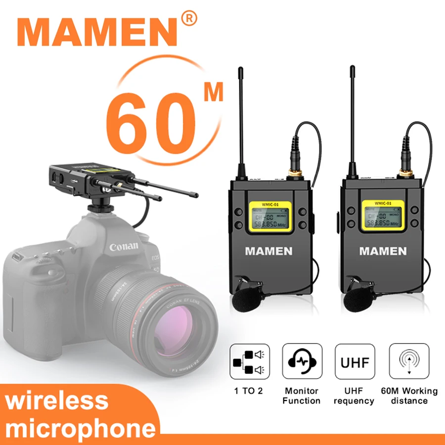 MAMEN Professiona UHF Wireless Lavalier Microphone with 50 Selectable Channels 60m Range Pickup For DSLR Cameras  Interview Vlog