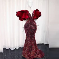 Sparkling Sequins Mermaid Evening Gowns Plus Size Ruffles Puffy Sleeves V Neck  Women South Africa Prom Dress robe de soirée