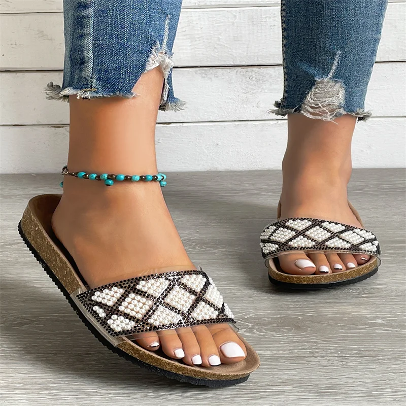2023 Sexy Women Summer Flat Slippers Rhinestone Shoe Open Toe Roman Beach Sandal Ladies Black Non-slip Slides Size 35-43