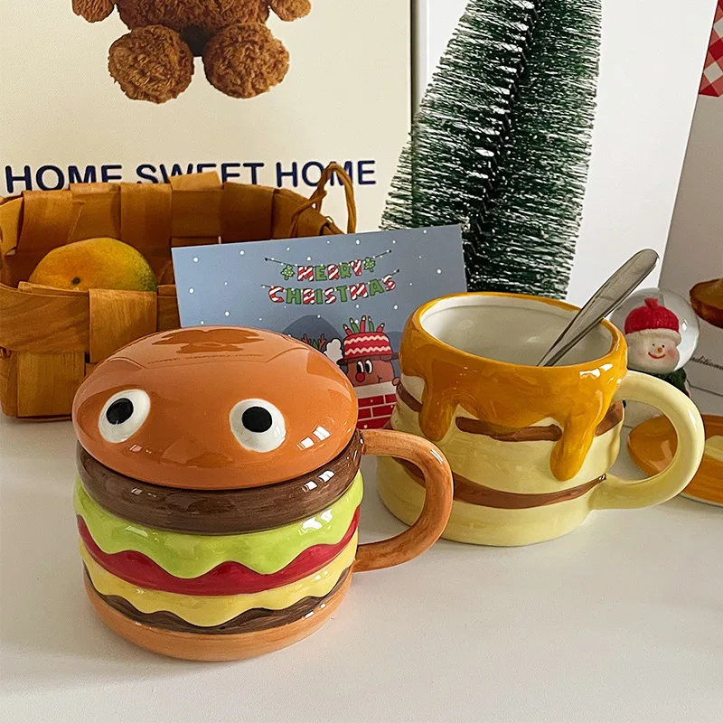 

Ceramic Cartoon 300ml Coffee Cups Lid Hamburger Mug Milk Cup Creative Breakfast Cups Home Cute Cup With Children's Oatmeal