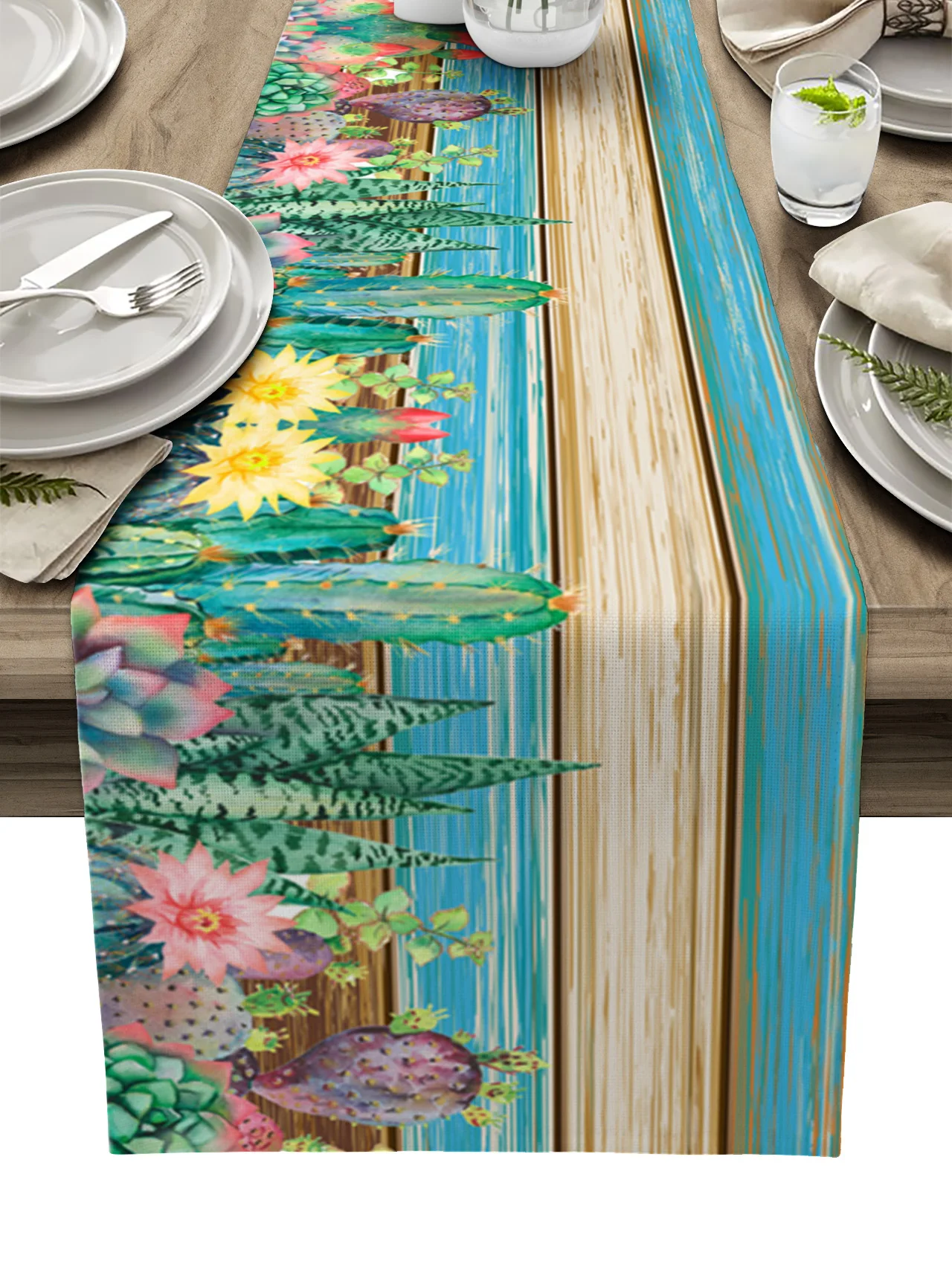 

Blue Green Wood Grain Cactus Watercolor Texture Table Runner Decoration Home Decor Dinner Table Decoration Table Decor