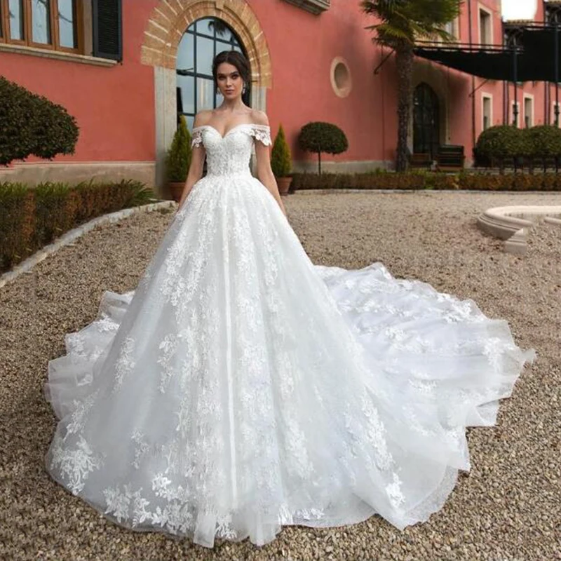 

Tulle One Shoulder Prom Dress Wedding Dress 2022 Luxury Beaded Lace Appliqués Princess Lace Back Bridal Wedding Dress Floor Leng