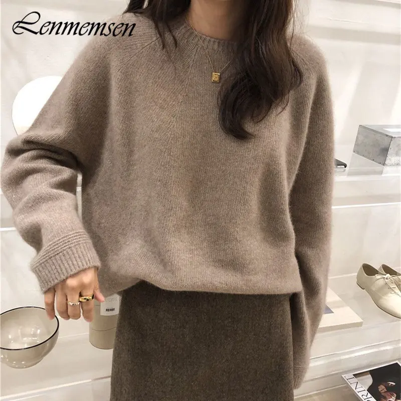 

Lenmemsen Warm Basic Knitted Pullover Women Autumn Winter New O-neck Long Sleeve Sweater Female Trendy Loose Soft Thicken Jumper