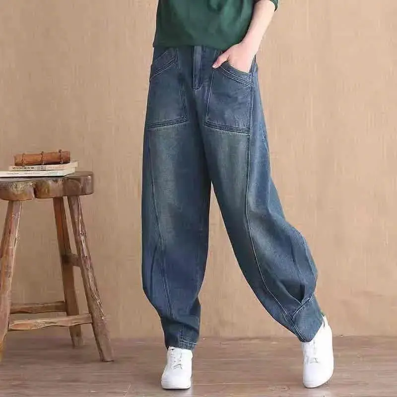 

Retro High Waist Jeans Women Clothing Loose Pockets Wide Leg Long Pants Streetwear Stretch Plus Size Denim Jeans C470