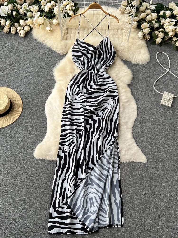 

Foamlina 2022 Summer Sexy Spaghetti Strap Long Dress Women Striped Print Sleeveless Criss Cross Backless Side Slit Maxi Dress