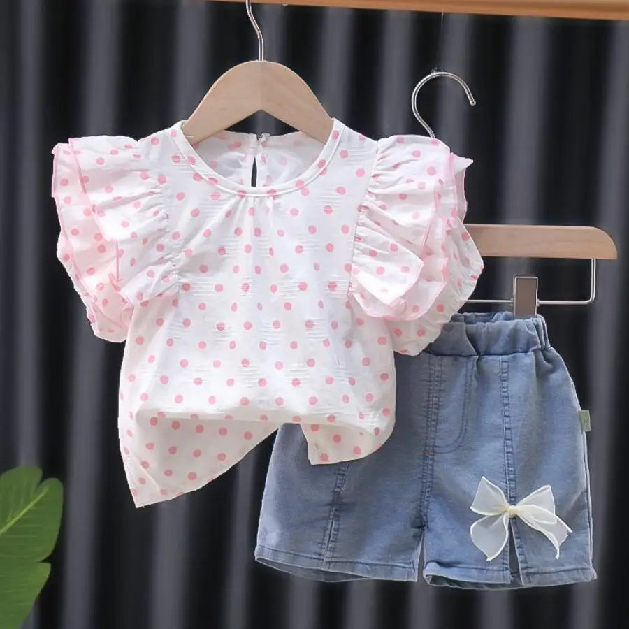 

Girl Clothes Summer New Children's Clothing Suits Girls Polka Dot Ruffles Short-sleeved Denim Cotton Shorts Princess T-shirt Set