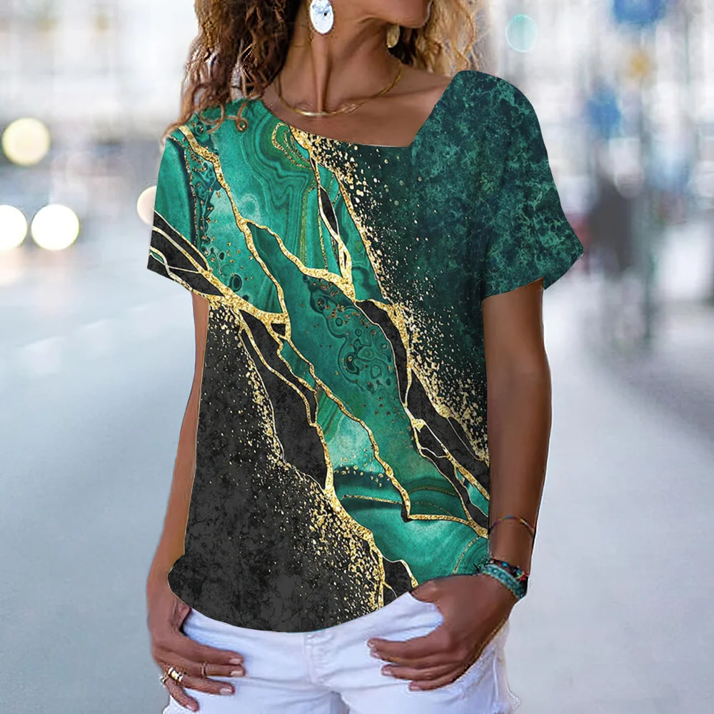 

New T-shirt For Women Textured Pattern Shirt Slouchy Collar Harajuku Short Sleeve Oversized Clothes Tops Cheap Daily Pullover