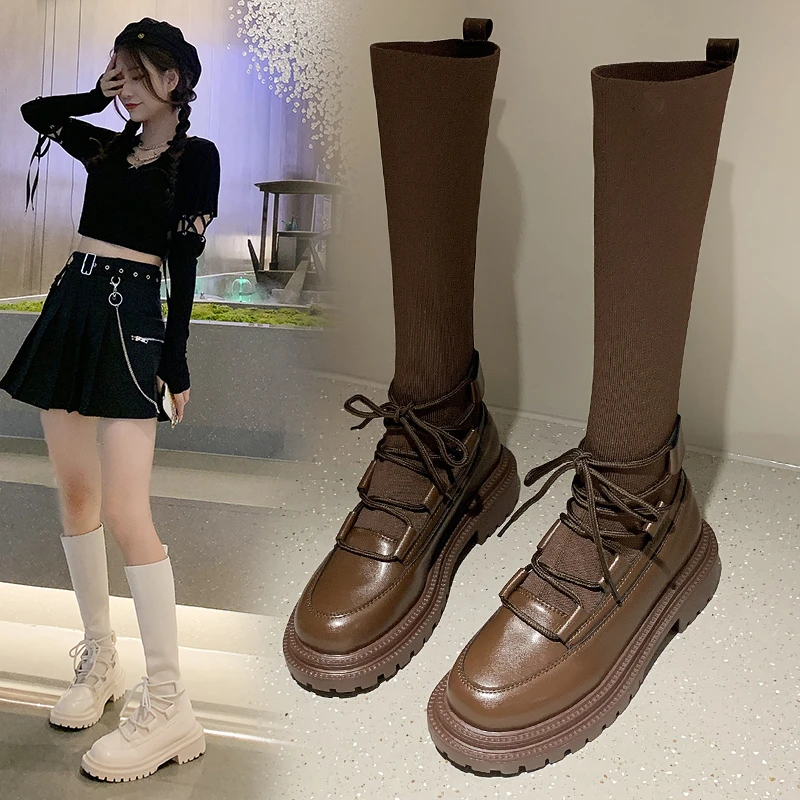 

2022 Women's Boots Socks Stretch Knitted Women Boots Thick-Soled Female Shoes Knee-Length Ladies Fashion Lace Up Vintage Boots