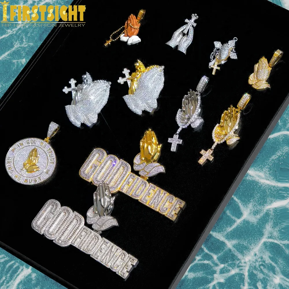 Iced Out Devout Hands Молиться Крест Кулон Ожерелье для Мужчин Зубец Оправа Кубический