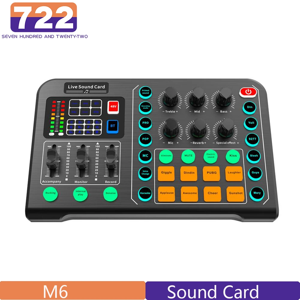 

M6 RGB LED OTG Transmission Wireless Bluetooth External Mixer Sound Card Noise Reduction for Live Streaming Broadcast Podcasting